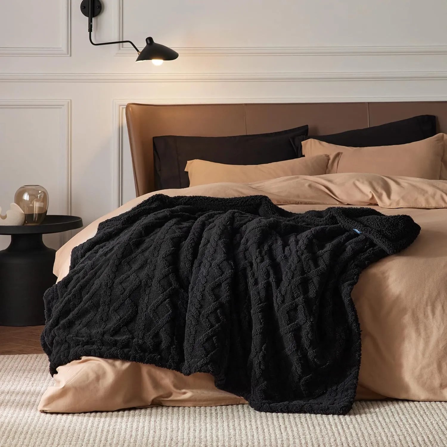 Bedsure Sherpa Fleece Throw Blanket for Couch - Fuzzy Soft Cozy Cable Throw for Women, Thick Warm Blanket for Winter, Black, 50x60 Inches