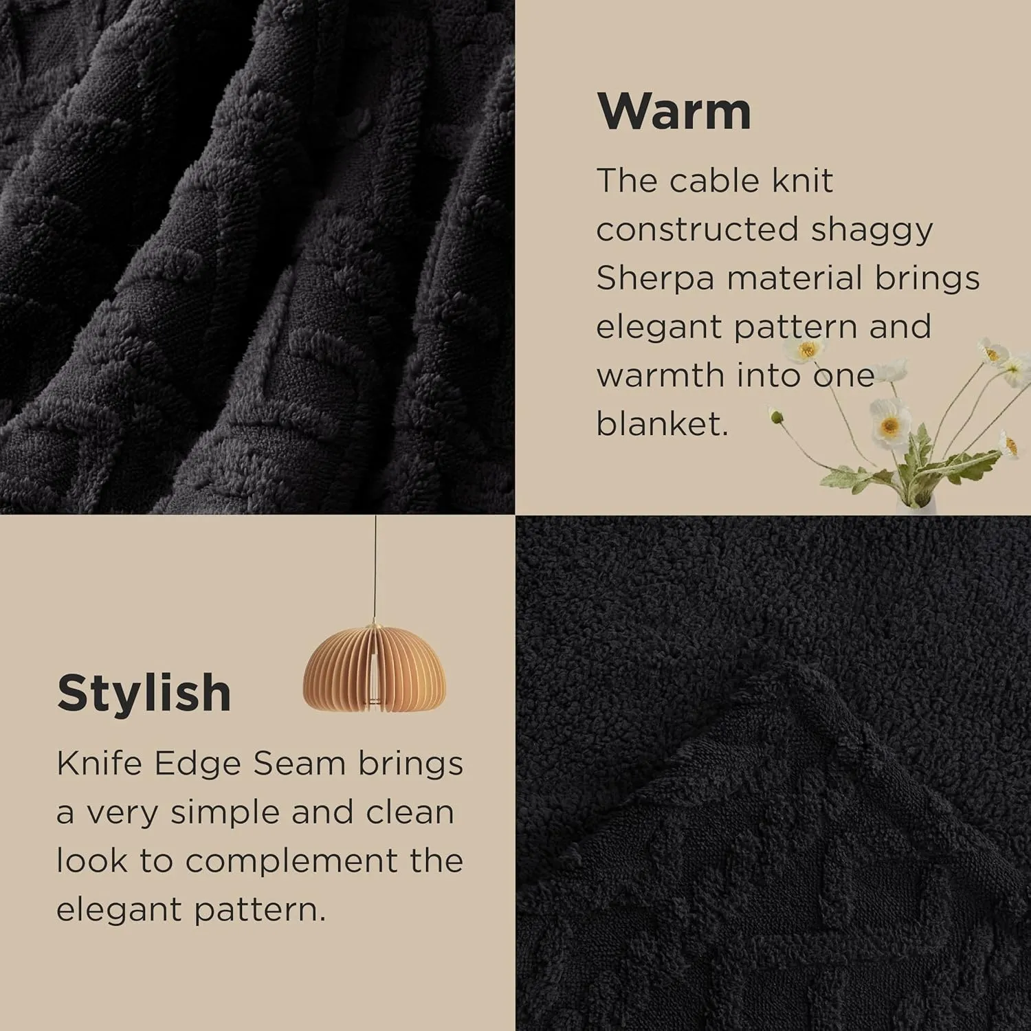 Bedsure Sherpa Fleece Throw Blanket for Couch - Fuzzy Soft Cozy Cable Throw for Women, Thick Warm Blanket for Winter, Black, 50x60 Inches