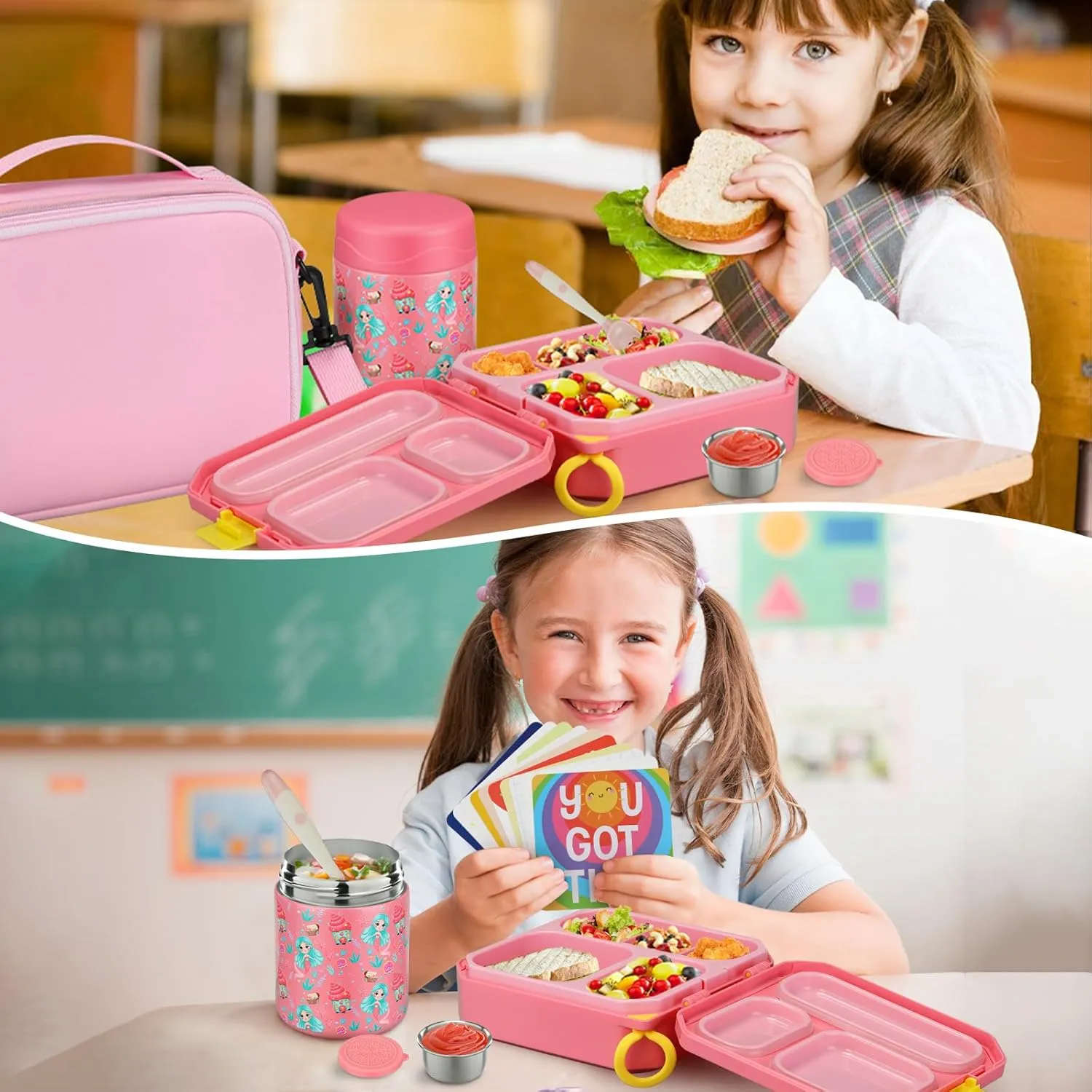Bento Lunch Box for Kids with 12oz Soup Thermo Leak-Proof Lunch Food Container with 5 Compartment Thermo Hot Food Jar and Insulated Lunch Bag for Kid Toddler Girls Boys to School
