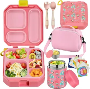 Bento Lunch Box for Kids with 12oz Soup Thermo Leak-Proof Lunch Food Container with 5 Compartment Thermo Hot Food Jar and Insulated Lunch Bag for Kid Toddler Girls Boys to School