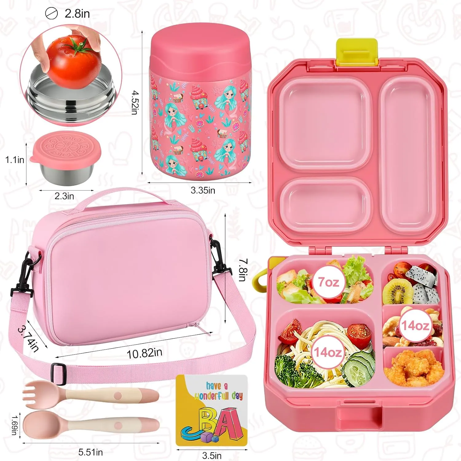 Bento Lunch Box for Kids with 12oz Soup Thermo Leak-Proof Lunch Food Container with 5 Compartment Thermo Hot Food Jar and Insulated Lunch Bag for Kid Toddler Girls Boys to School