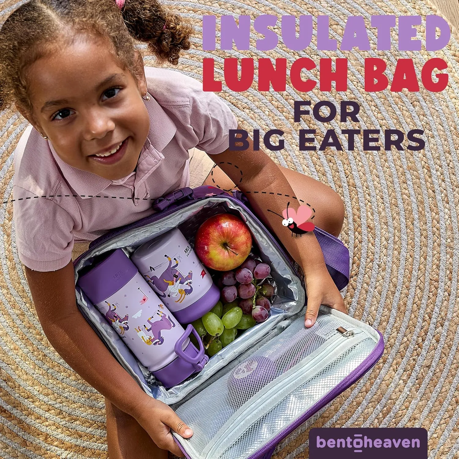 Bentoheaven Insulated Lunch Bag for Kids, Girls & Boys - Large Size Fits Bento Lunch Box, Water Bottle & Snacks - Durable, Easy to Clean, Leakproof - Adjustable Shoulder Strap, Zipper Pockets (Purple)
