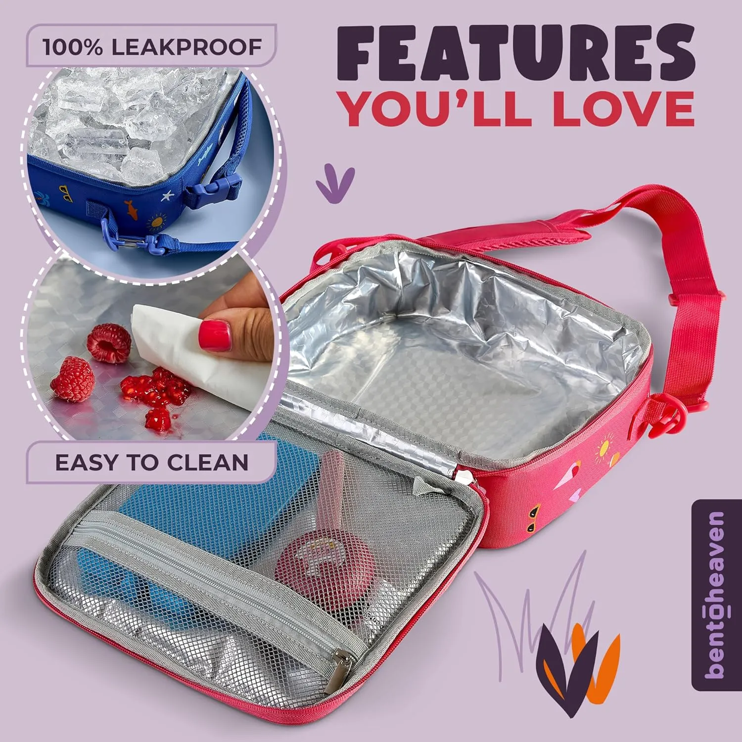 Bentoheaven Insulated Lunch Bag for Kids, Girls & Boys - Large Size Fits Bento Lunch Box, Water Bottle & Snacks - Durable, Easy to Clean, Leakproof - Adjustable Shoulder Strap, Zipper Pockets (Purple)