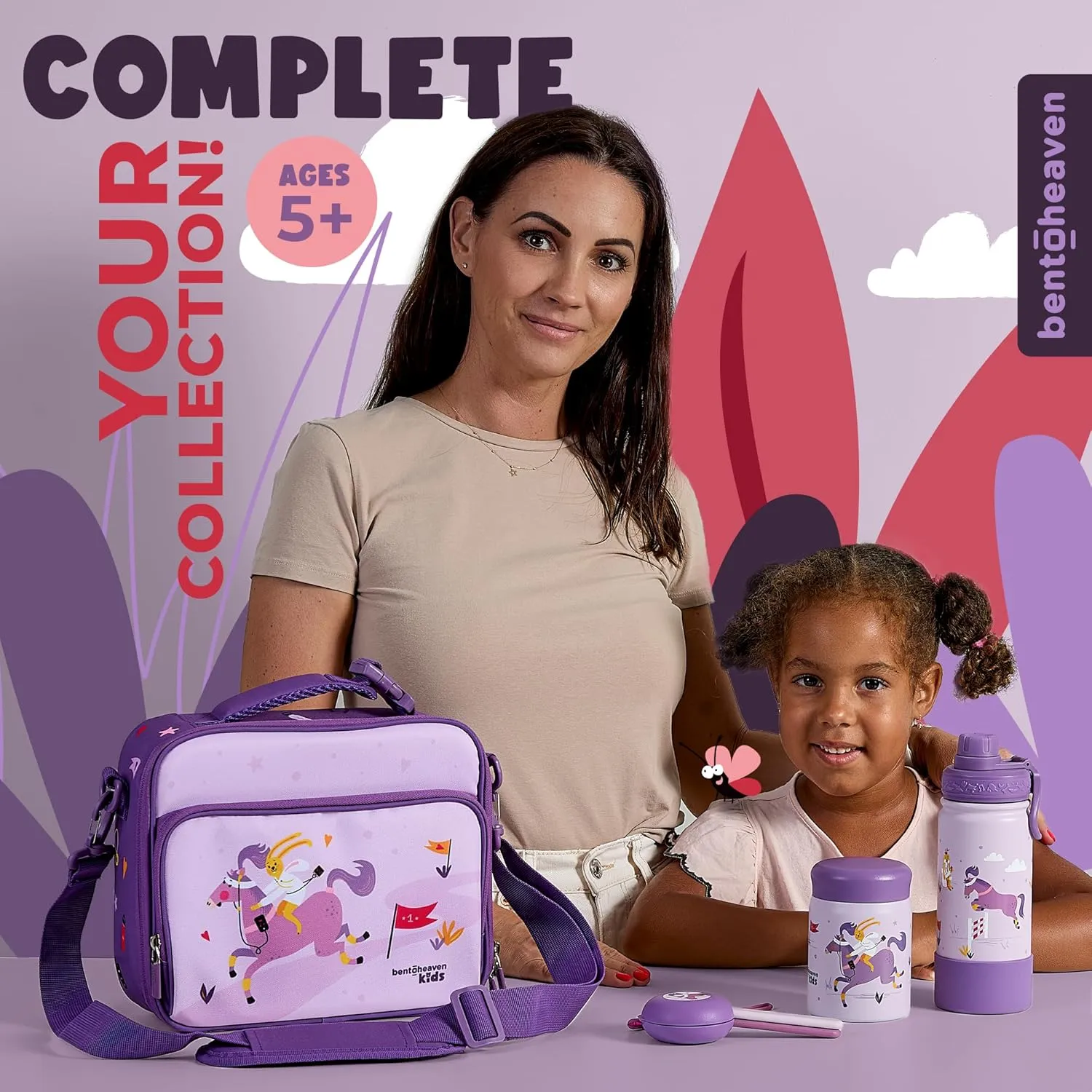 Bentoheaven Insulated Lunch Bag for Kids, Girls & Boys - Large Size Fits Bento Lunch Box, Water Bottle & Snacks - Durable, Easy to Clean, Leakproof - Adjustable Shoulder Strap, Zipper Pockets (Purple)