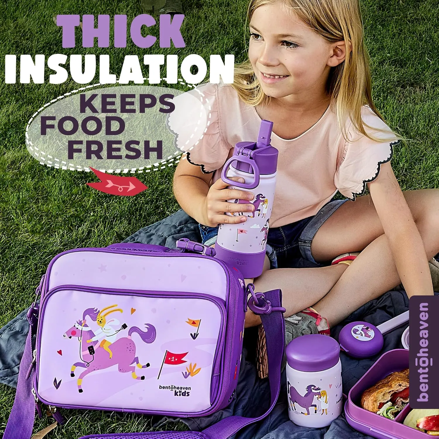 Bentoheaven Insulated Lunch Bag for Kids, Girls & Boys - Large Size Fits Bento Lunch Box, Water Bottle & Snacks - Durable, Easy to Clean, Leakproof - Adjustable Shoulder Strap, Zipper Pockets (Purple)