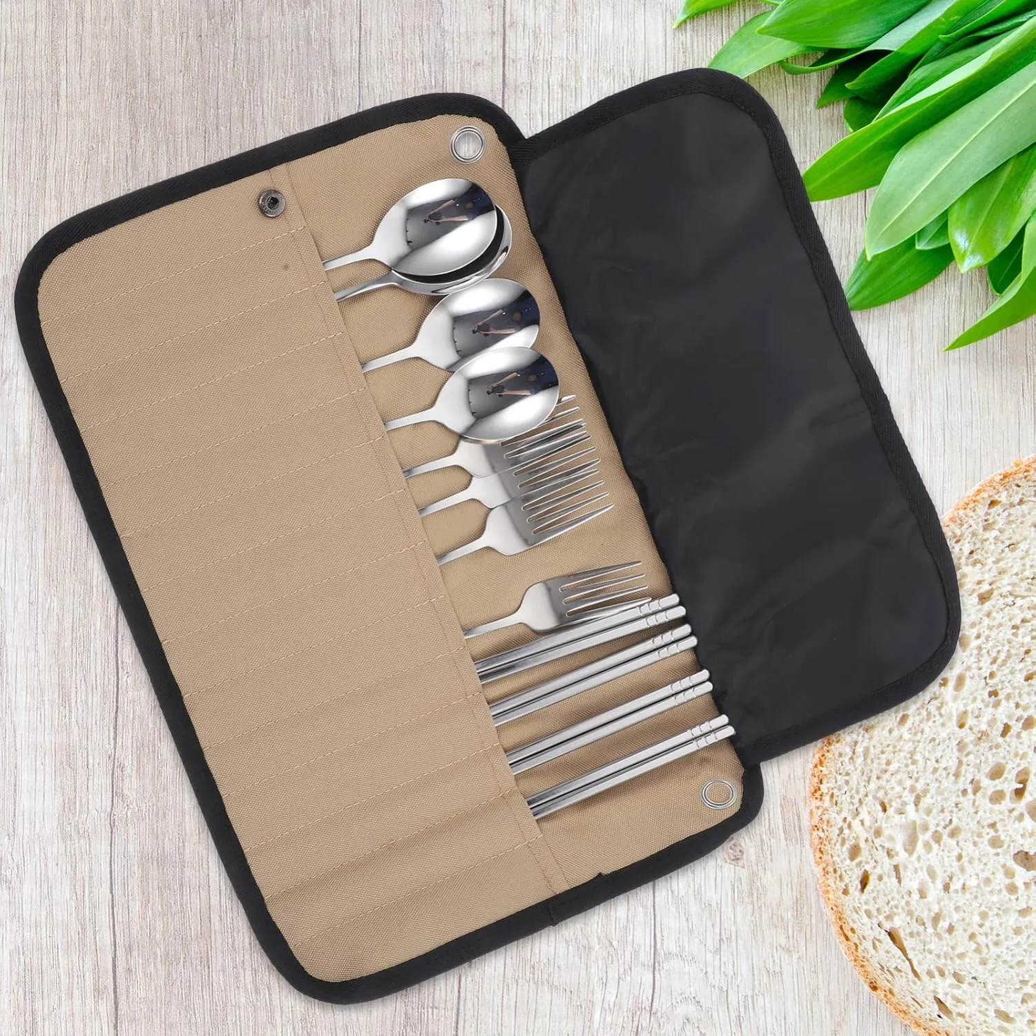 BESPORTBLE Camping Silverware Kit Cutlery Organizer Picnic Utensil with Pouch Spoon Fork Chopstick Set for Hiking Travel Home Khaki