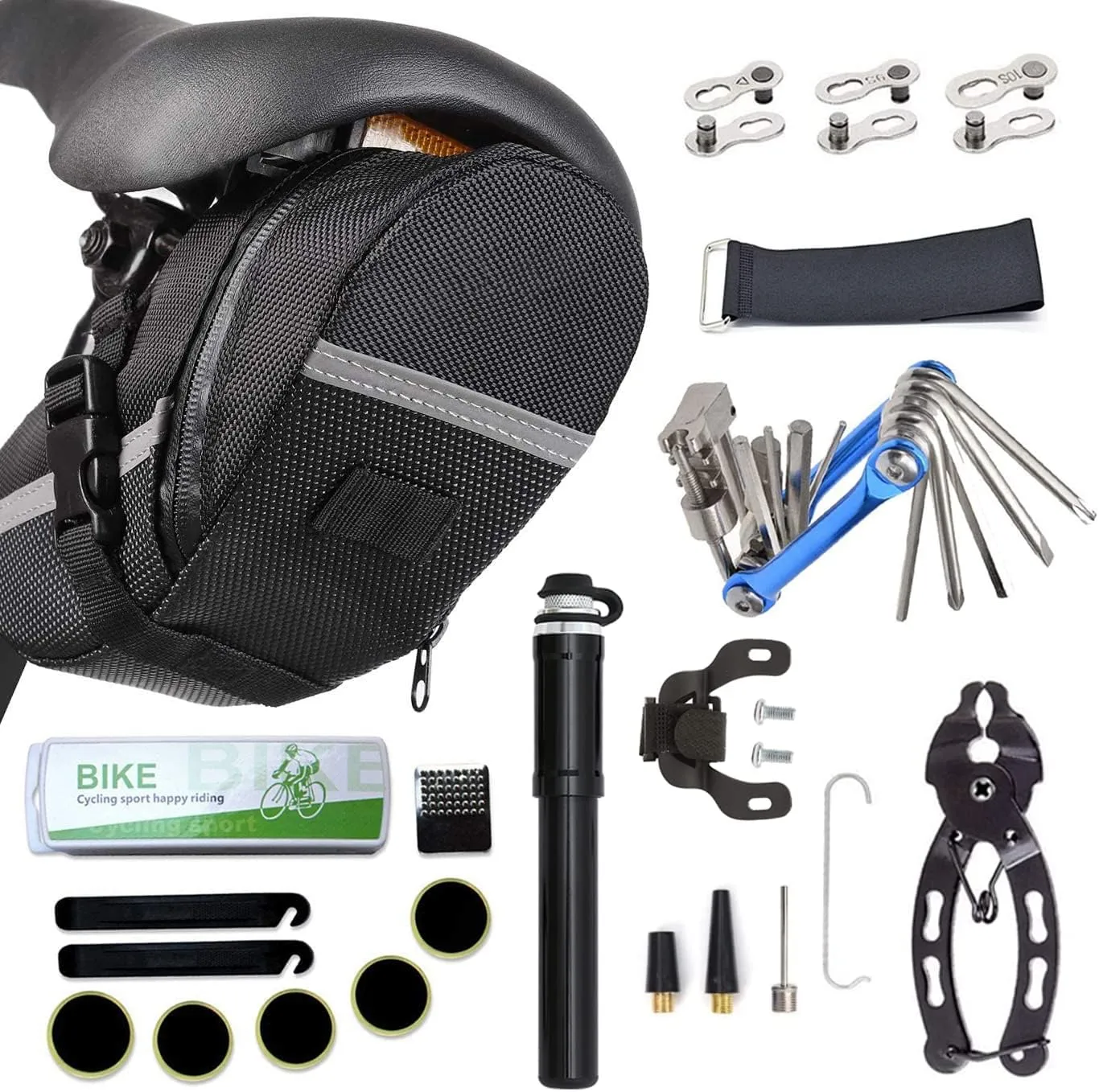 Bicycle Tire Pump, Bike Repair Tool Kits Saddle Bag, Patches, 11 in 1 Multi Function Tool, Lever, Link Plier, Missing for Road Mountain BMX , Chain Breaker Splitter
