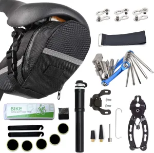 Bicycle Tire Pump, Bike Repair Tool Kits Saddle Bag, Patches, 11 in 1 Multi Function Tool, Lever, Link Plier, Missing for Road Mountain BMX , Chain Breaker Splitter