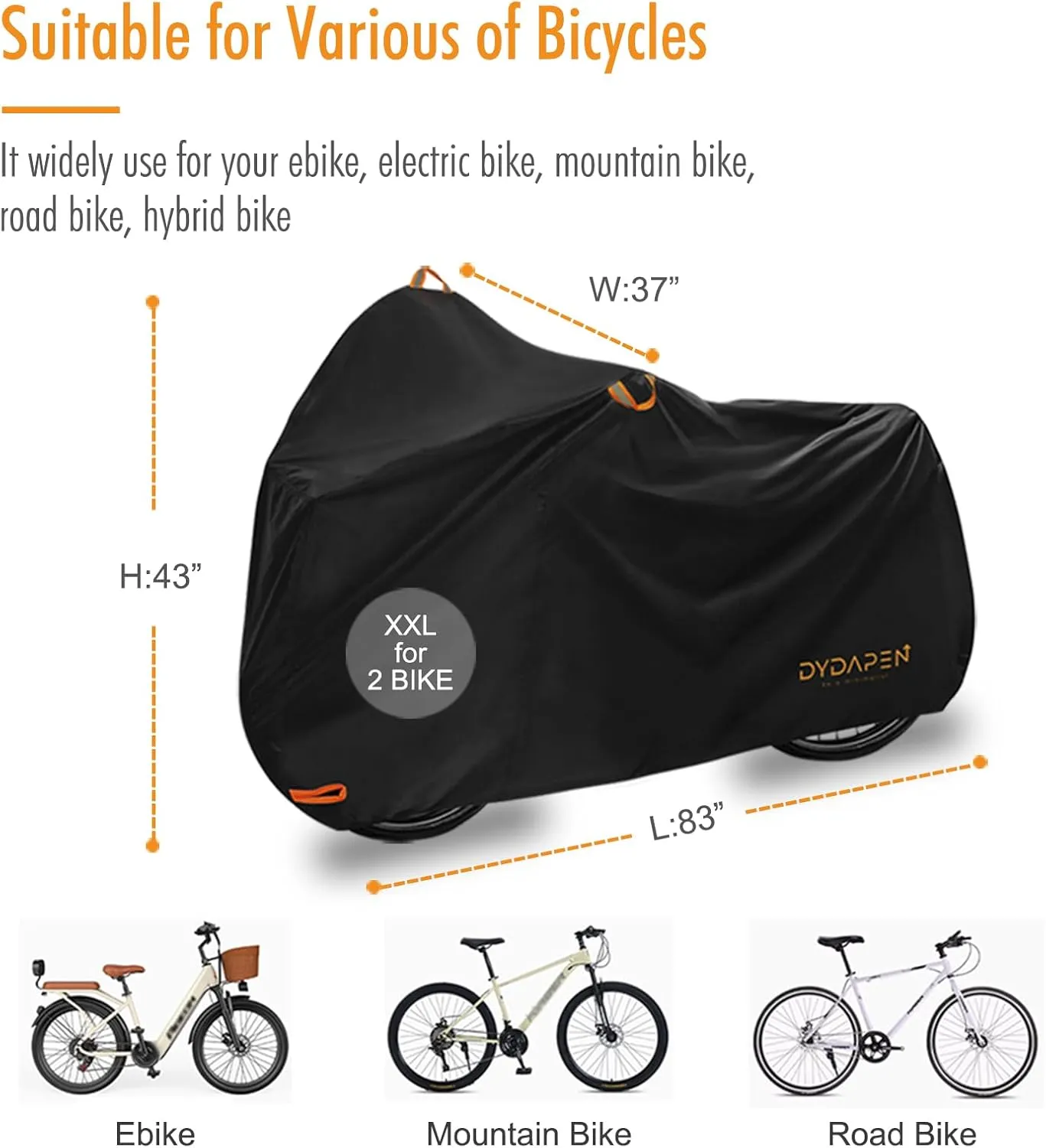 Bike Cover, DYDAPEN Bike Covers Outdoor Storage Waterproof 2 Bikes Protect from Rain Dust UV, 420D Heavy Duty Bicycle Cover for Ebike Electric Bike Mountain Road Bike (XXL for 2 Bike)