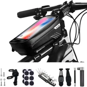 Bike Tire Repair Tool Kit, Frame Front Beam Bag & Mini Bike Pump & 16 In 1 Multi-Function, Bike Tire Lever & Suitable for Presta and Schrader Non-adhesive Puncture Repair Kit , for Road Mountain BMX