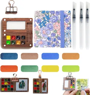 Biora Paint Palette Travel Kit Bring Two Spare Pens,Mini Paint Palette,Pocketartist Watercolor Travel Set with Binder Clips for Painters Artists Students (8 Colors, E)