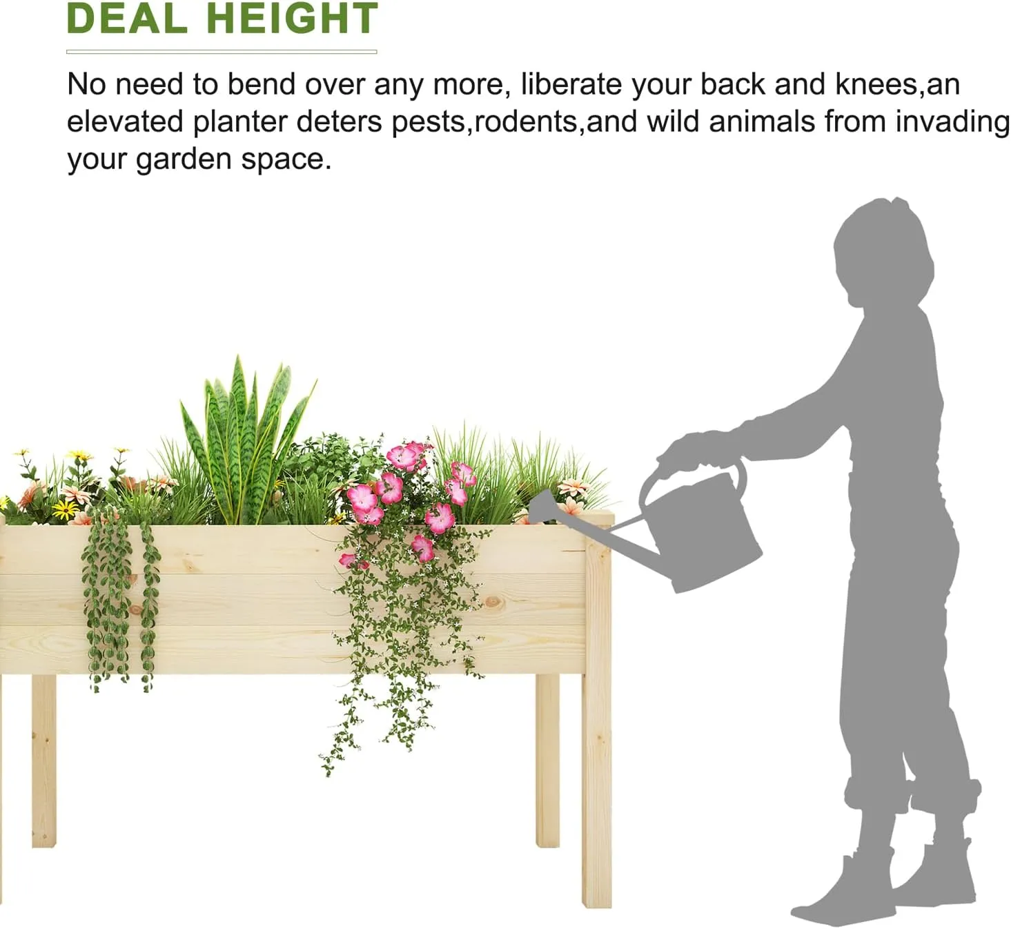 BIRASIL Outdoor Raised Garden Bed, Wood Planter Box for Vegetable Flower, Elevated Reinforced Large Garden Planters Boxes for Backyard Patio Gardening Balcony (48.5”L, Natural Wood)