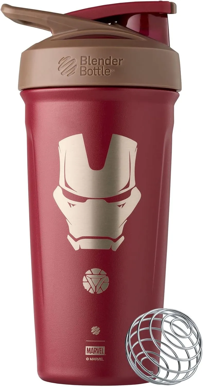 BlenderBottle Marvel Strada Shaker Cup Insulated Stainless Steel Water Bottle with Wire Whisk, 24-Ounce, Iron Man