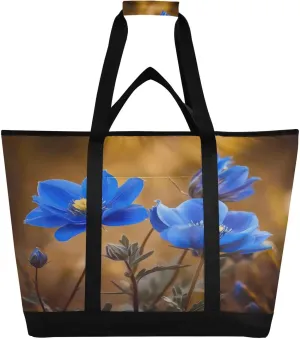 Blue Flowers Reusable Insulated Lunchbox Cooler Bag, Leakproof Kitchen Grocery Bag Collapsible Portable Cooler Tote Bag for Picnic, Camping, Office, Travel