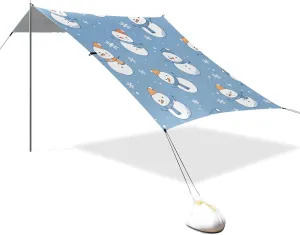 Blue Snowman Winter Designed UPF50 Foldable Beach Cabana Water-Resistant Large Portable Sun Shelter Includes Sand Shovel, Sandbags, Stability Poles for Family Travel paraguas de Playa