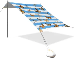 Blue White Striped Butterfly Dragonfly Designed UPF50  Protection Beach Canopy Lightweight Large Sun Shelter with Sandbags and Shovel for Backyard, Grassland, Park carpa para Playa
