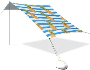 Blue White Striped Fruit Pineapple Designed UPF50  Protection Foldable Beach Cabana Easy Setup Sun Shade with Sand Shovel, Sandbags for Family Travel tapete para Playa