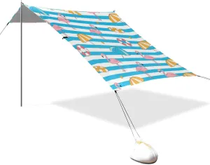Blue White Striped Summer Flamingo Designed UPF50 Beach Cabana Tent Water-Resistant Outdoor Sun Shade with Sandbags, Sand Shovel, Poles for Backyard, Grassland, Park carpas para la Playa
