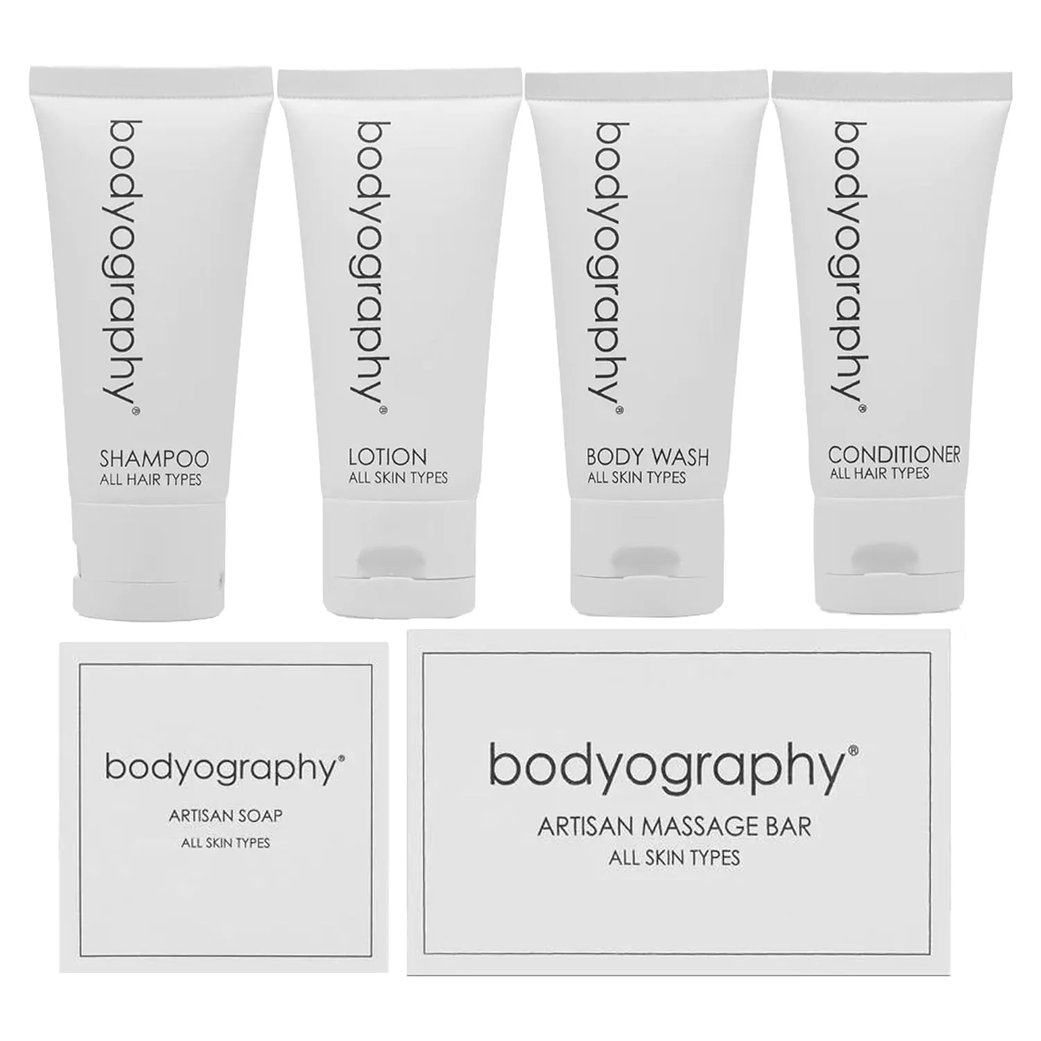 Bodyography Blanc Mini Travel Size Toiletries Bathroom Kit | Vanilla White Tea| Shampoo, Conditioner, Body Wash, Lotion, Artisan Soap and Massage Bar
