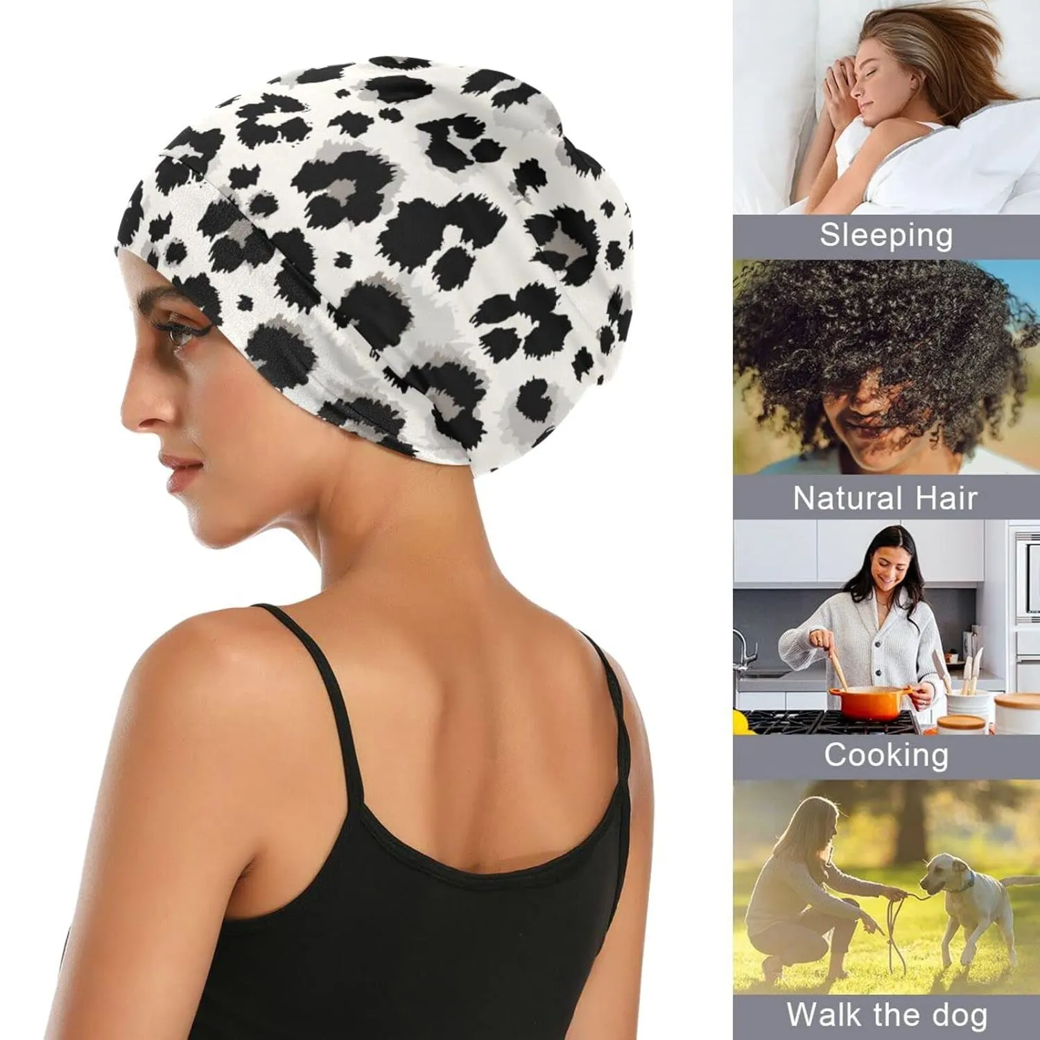 Bonnet Sleep Cap Hair Wrap Cover for Sleeping Satin Lined Head Wrap Nurse Cap Night Cap Slouchy Beanie for Men Women Animal Print Leopard