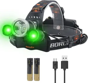 BORUIT RJ-3000 LED Rechargeable Headlamp with Green Light, Super Bright Hunting Head Lamp 3 Modes, Waterproof Head Light for Adult Fishing Camping Headlight Gear