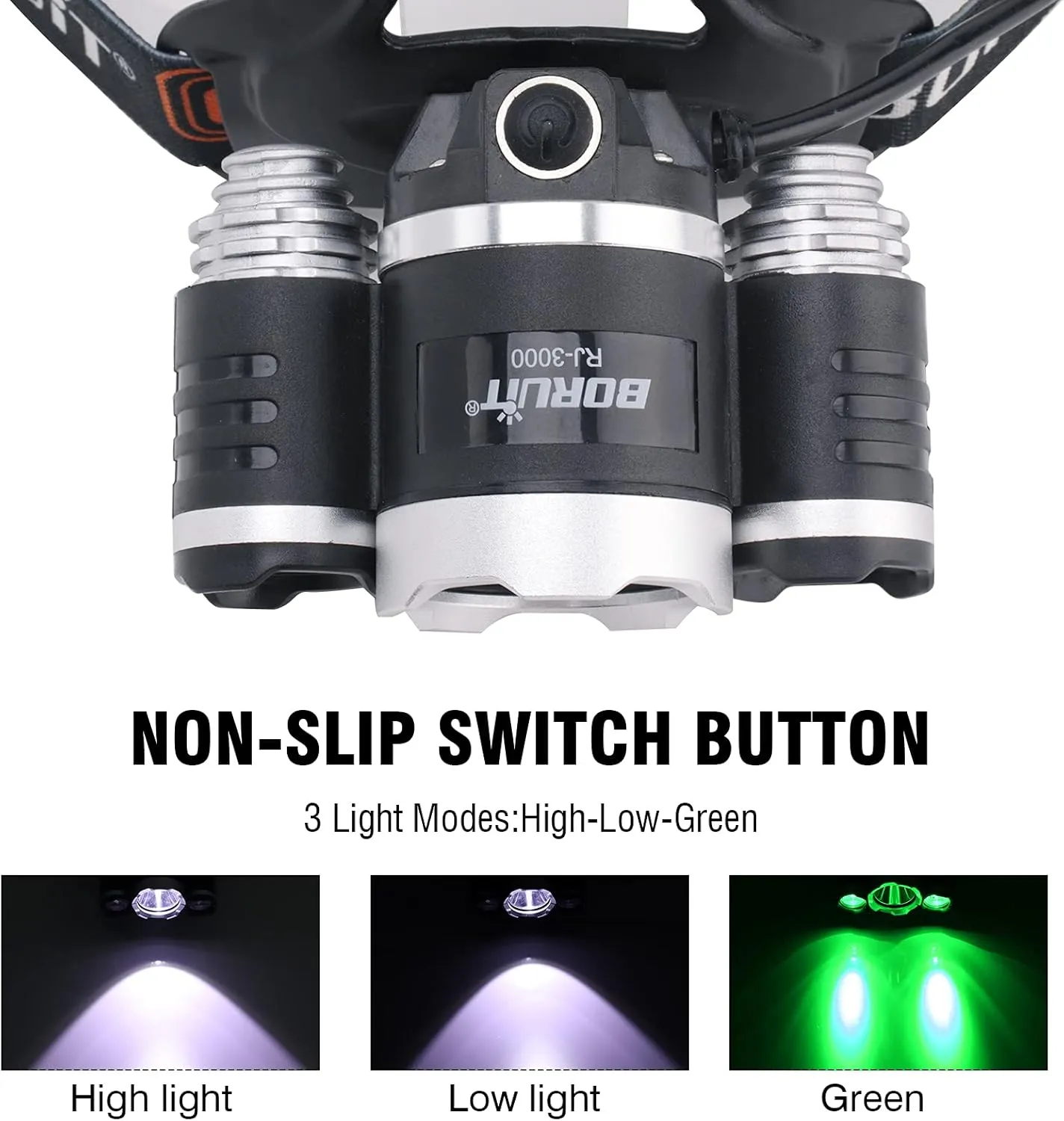 BORUIT RJ-3000 LED Rechargeable Headlamp with Green Light, Super Bright Hunting Head Lamp 3 Modes, Waterproof Head Light for Adult Fishing Camping Headlight Gear