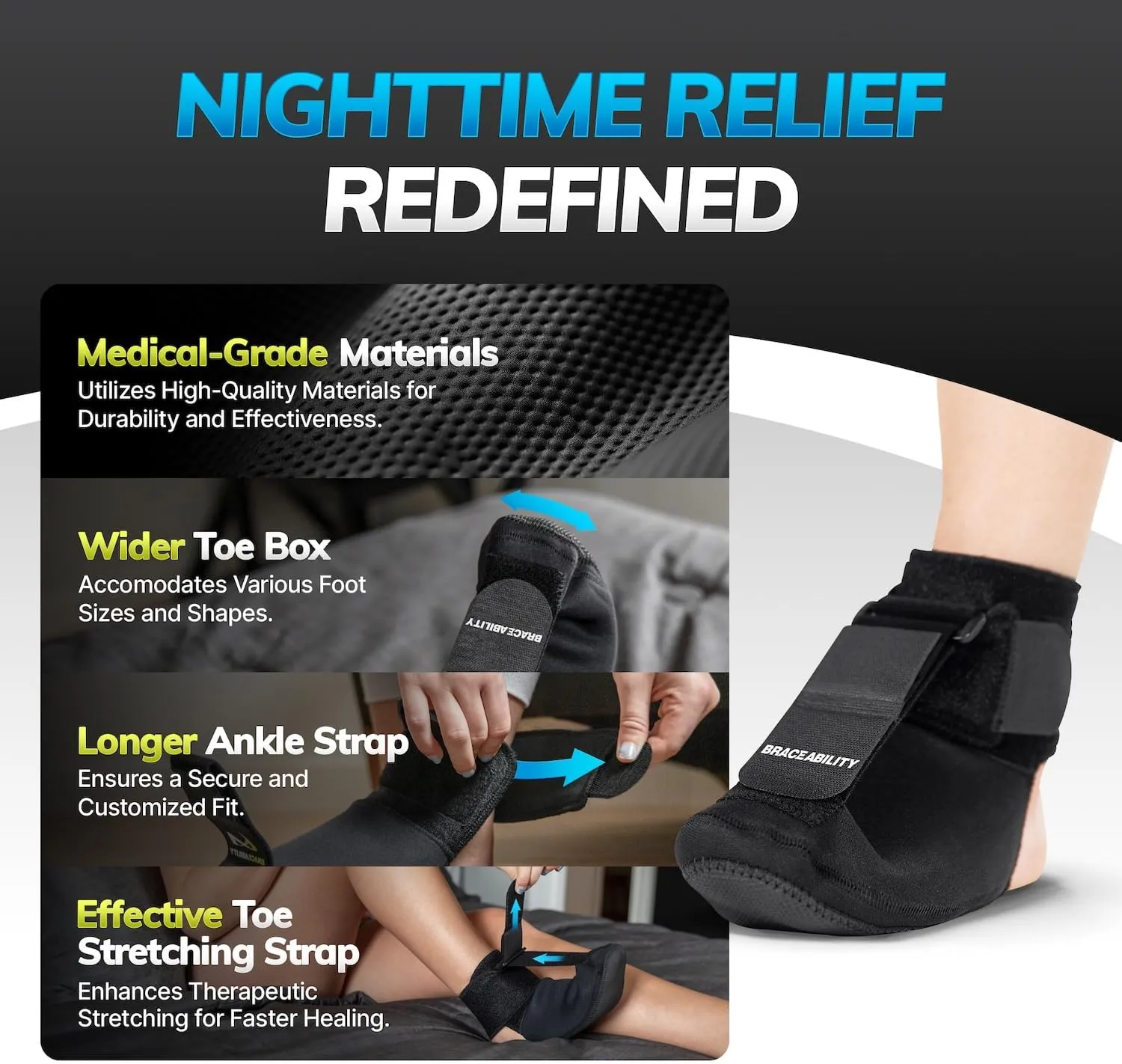 BraceAbility Plantar Fasciitis Night Splint Sock - Soft Plantar Fascia Brace for Sleeping, Achilles Tendonitis, Foot Drop, Heel Pain - Plantar Fasciitis Relief Night Splint for Women and Men (Medium)