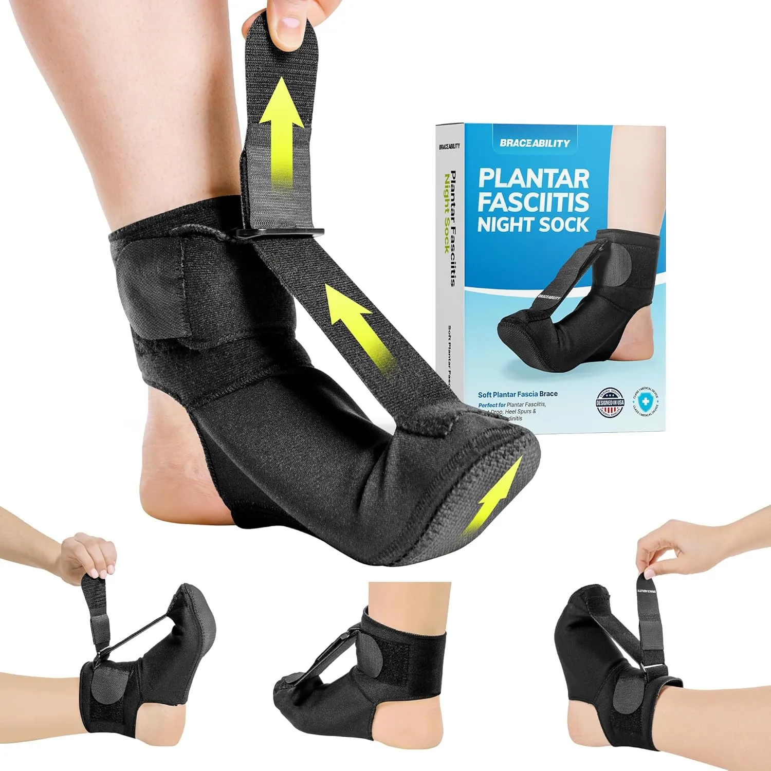 BraceAbility Plantar Fasciitis Night Splint Sock - Soft Plantar Fascia Brace for Sleeping, Achilles Tendonitis, Foot Drop, Heel Pain - Plantar Fasciitis Relief Night Splint for Women and Men (Medium)
