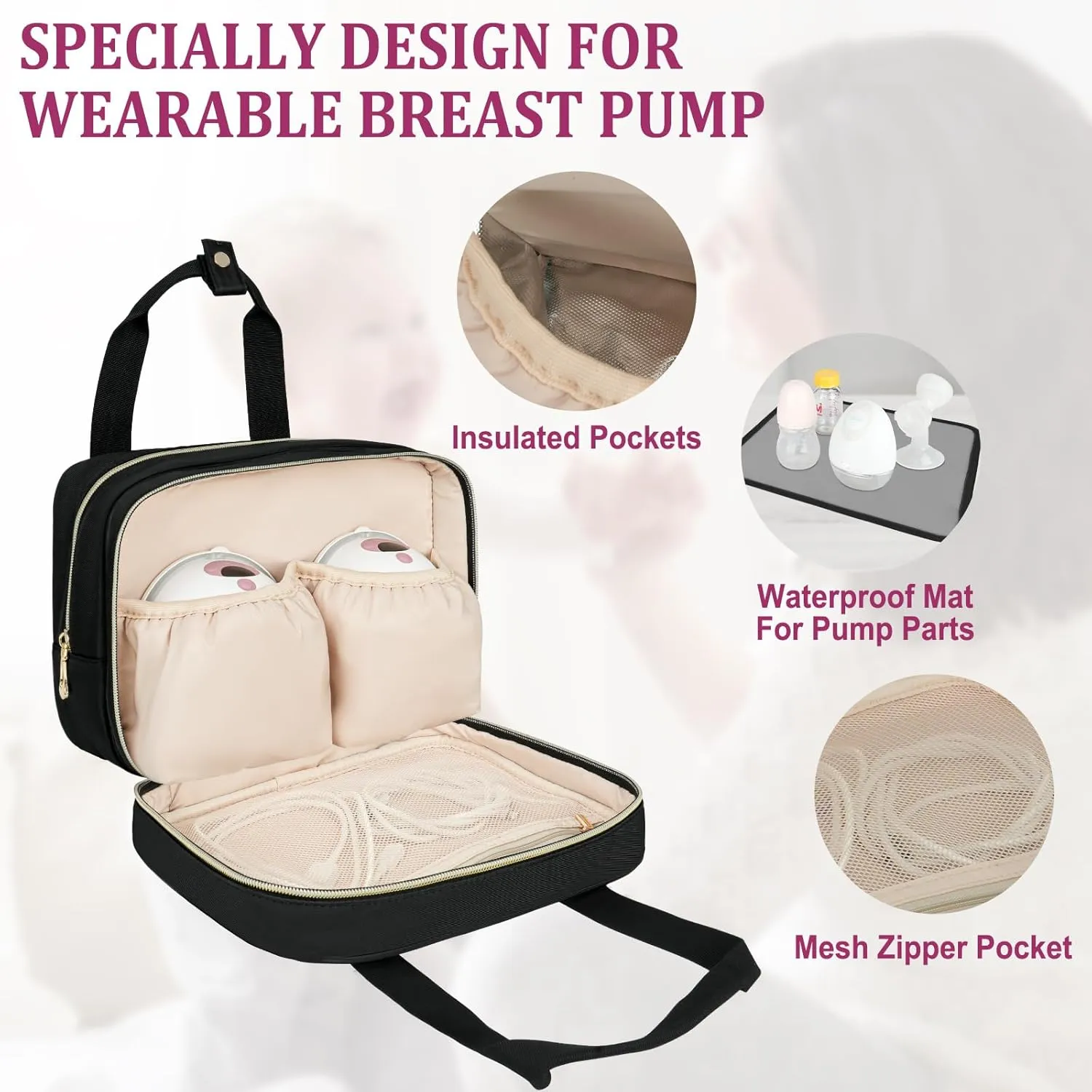 Breastmilk Cooler Travel Bag, Wearable Breast Pump Storage Bag Compatible with Momcozy/Medela/Elvie/Willow Breast Pump with Ice Pack and Waterproof Mat,Black