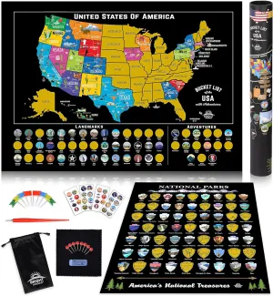 Bright Standards Scratch Off Map of United States   All 63 US National Parks Scratch Off Poster, 85 USA Landmarks, Travel Map Kit, 50 State Photo Wall Adventure Maps, Journal Gifts for Travelers