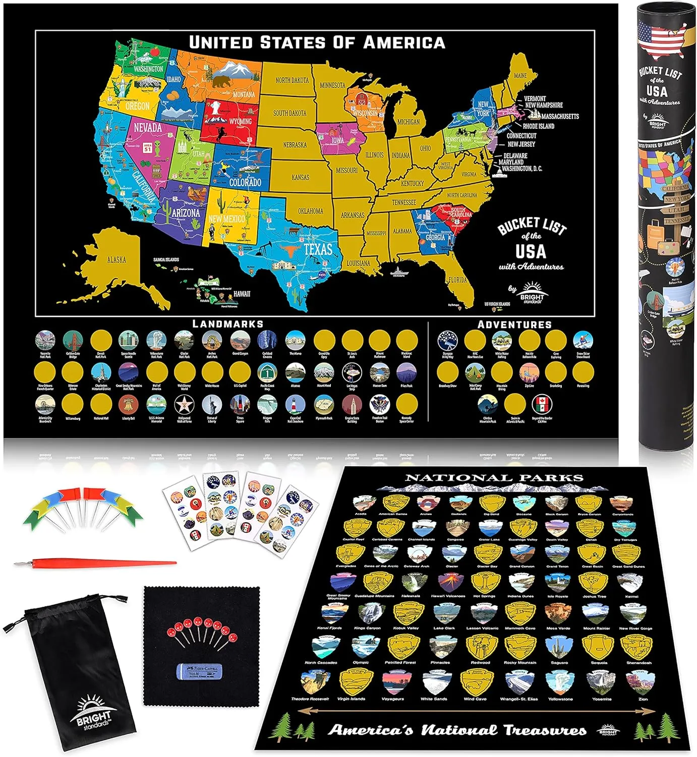 Bright Standards Scratch Off Map of United States   All 63 US National Parks Scratch Off Poster, 85 USA Landmarks, Travel Map Kit, 50 State Photo Wall Adventure Maps, Journal Gifts for Travelers