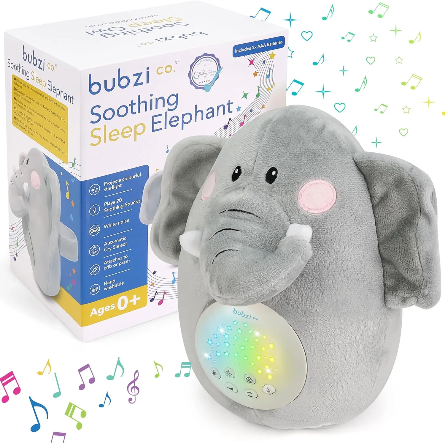 Bubzi Co Sound Machine, Portable Elephant Soother & Night Light Projector, Comforting Electronic Infant Toddler Sleep Aid & Baby Shush With White Noise