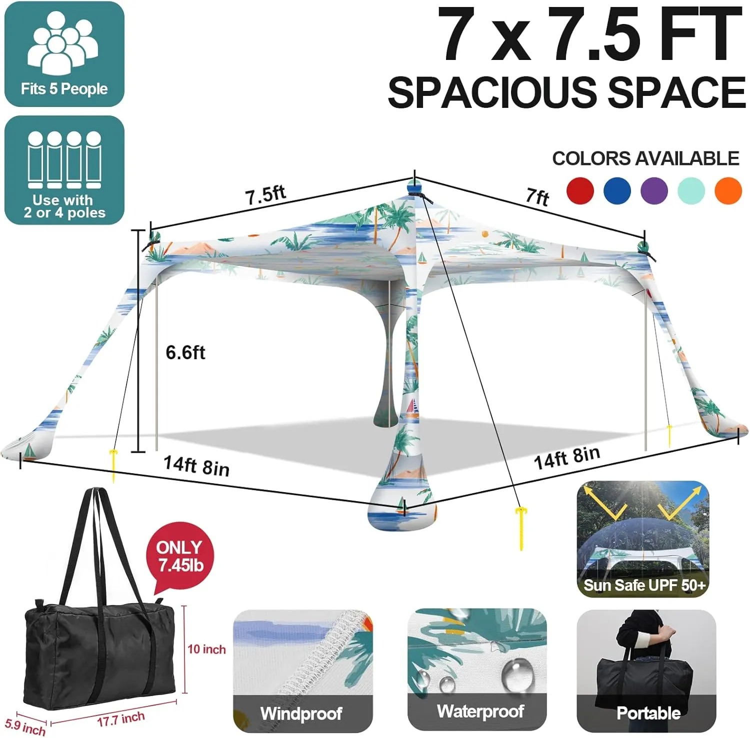 Buheco Beach Tent Pop Up Shade 7x7.5ft Beach Canopy Sun Shelter UPF50  with 4 Foldable Poles-Portable Carrying Bag-Sand Shovel-Ground Pegs-Windproof Ropes for Outdoor Family Camping-Fishing- Picnic