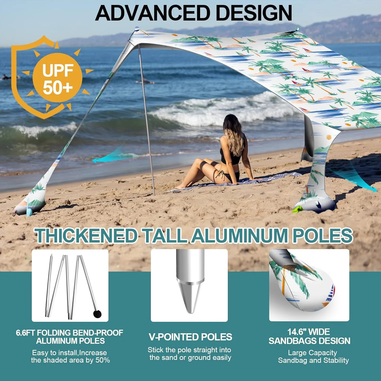 Buheco Beach Tent Pop Up Shade 7x7.5ft Beach Canopy Sun Shelter UPF50  with 4 Foldable Poles-Portable Carrying Bag-Sand Shovel-Ground Pegs-Windproof Ropes for Outdoor Family Camping-Fishing- Picnic