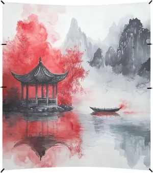 Burbuja Chinese Ink Painting Beach Canopy Windproof Beach Tent Sun Shade with 4 Sandbags & Sand Shovel, Portable Sun Shelter for Family Camping Picnic