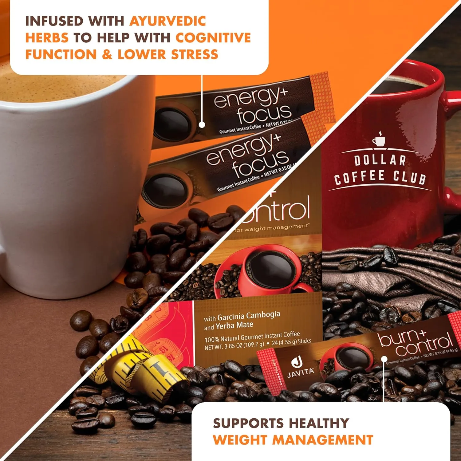 Burn   Control/Energy   Focus Coffee Bundle, One box ea., Javita Premium South American Coffee blend with herbs for Weight Management, Focus and Clarity, 24 ct box, Great for travel