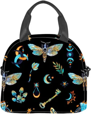 butterfly and mysterious symbols key mushroom plant black Insulated Adult Lunch Bag with Shoulder Strap for Women Lightweight Reusable Portable Freezable Lunch Tote Bag for Work Picnic