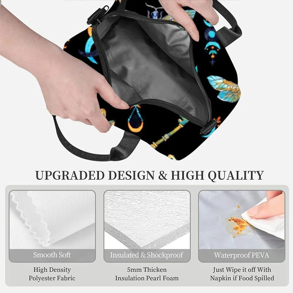 butterfly and mysterious symbols key mushroom plant black Insulated Adult Lunch Bag with Shoulder Strap for Women Lightweight Reusable Portable Freezable Lunch Tote Bag for Work Picnic