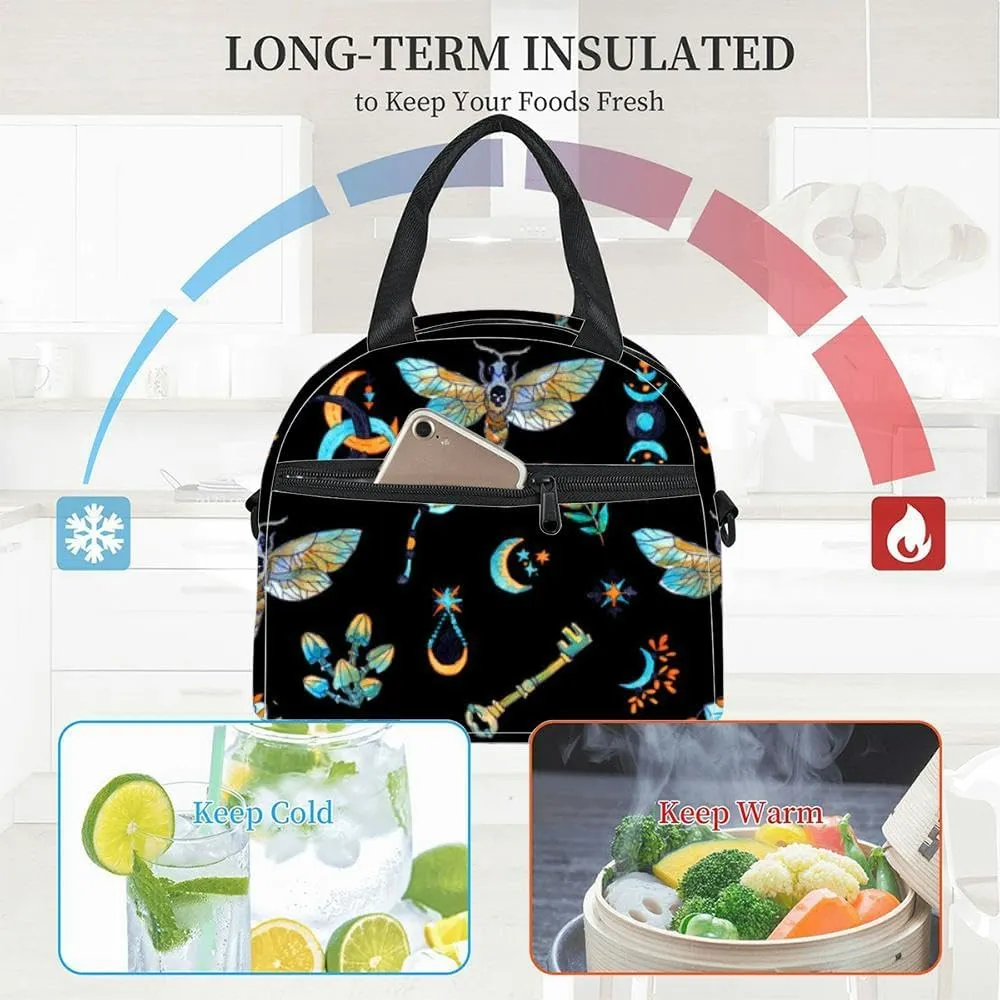 butterfly and mysterious symbols key mushroom plant black Insulated Adult Lunch Bag with Shoulder Strap for Women Lightweight Reusable Portable Freezable Lunch Tote Bag for Work Picnic
