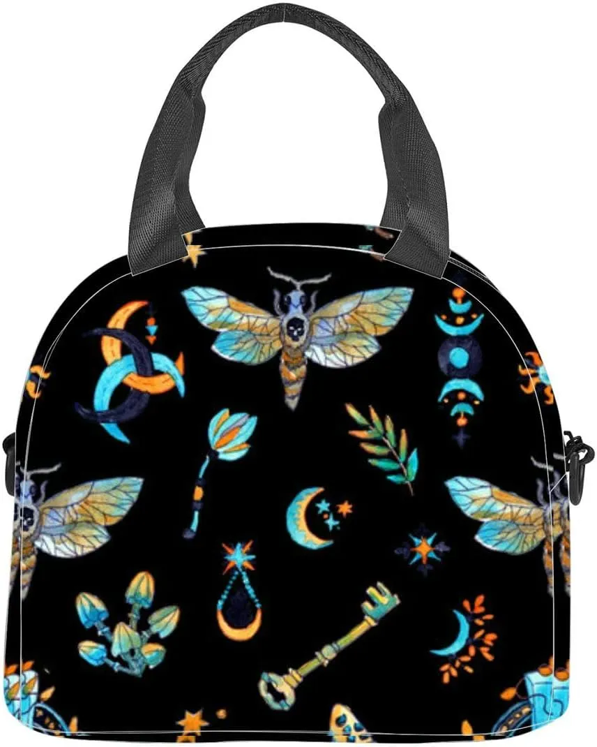 butterfly and mysterious symbols key mushroom plant black Insulated Adult Lunch Bag with Shoulder Strap for Women Lightweight Reusable Portable Freezable Lunch Tote Bag for Work Picnic