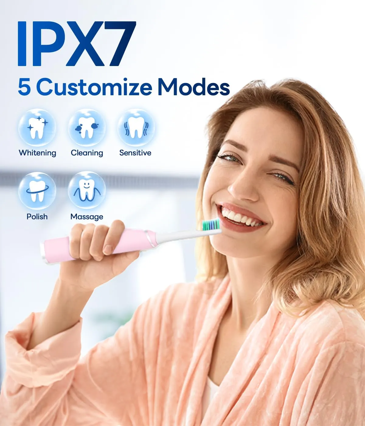 Bymore Electric Toothbrush for Adults,Travel Sonic Toothbrush with 8 Replacement Heads, Ultra Clean RechargeableToothbrush Portable One Charge for 330days 5 Modes 2mins Timer-Light Pink