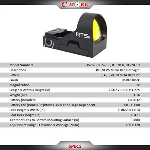 C-MORE Systems Micro Red Dot Sight RTS2B V5, 1x Magnification, Made of Aircraft Grade Aluminum, Adjusts for Wind & Elevation, Ultra Bright, All Weather, Waterproof, Lightweight, Matte Black
