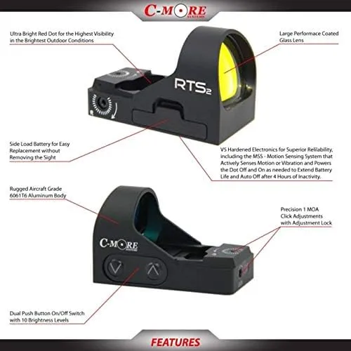 C-MORE Systems Micro Red Dot Sight RTS2B V5, 1x Magnification, Made of Aircraft Grade Aluminum, Adjusts for Wind & Elevation, Ultra Bright, All Weather, Waterproof, Lightweight, Matte Black