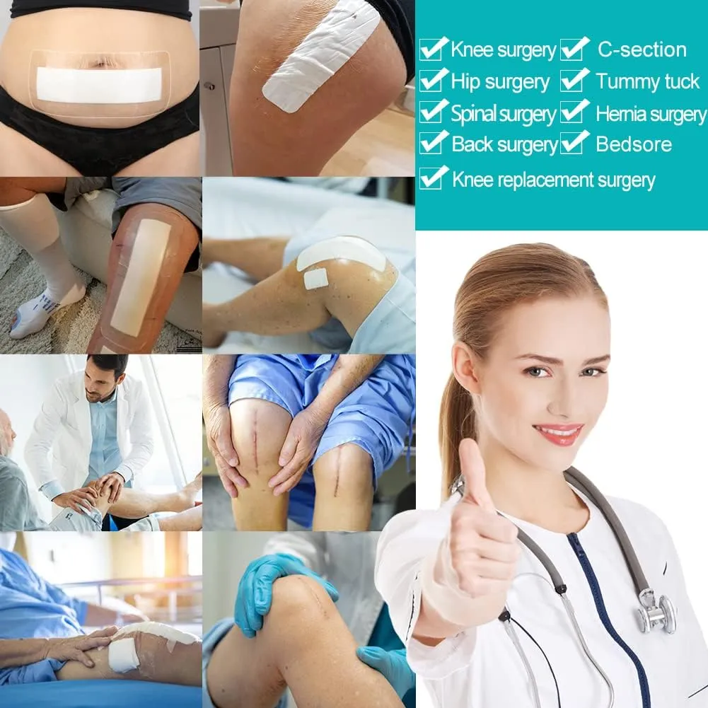 C-Section Waterproof Abdominal Incision Bandages Post Hysterectomy Tummy Tuck Shower Protector Scar Cover with Protective Pad Patches Island Dressing Tapes Large Wound Care Supplies 4x10 Pack of 25