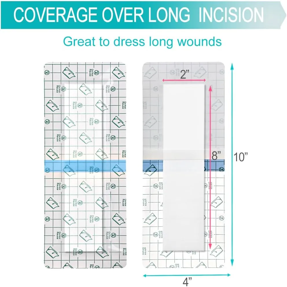 C-Section Waterproof Abdominal Incision Bandages Post Hysterectomy Tummy Tuck Shower Protector Scar Cover with Protective Pad Patches Island Dressing Tapes Large Wound Care Supplies 4x10 Pack of 25