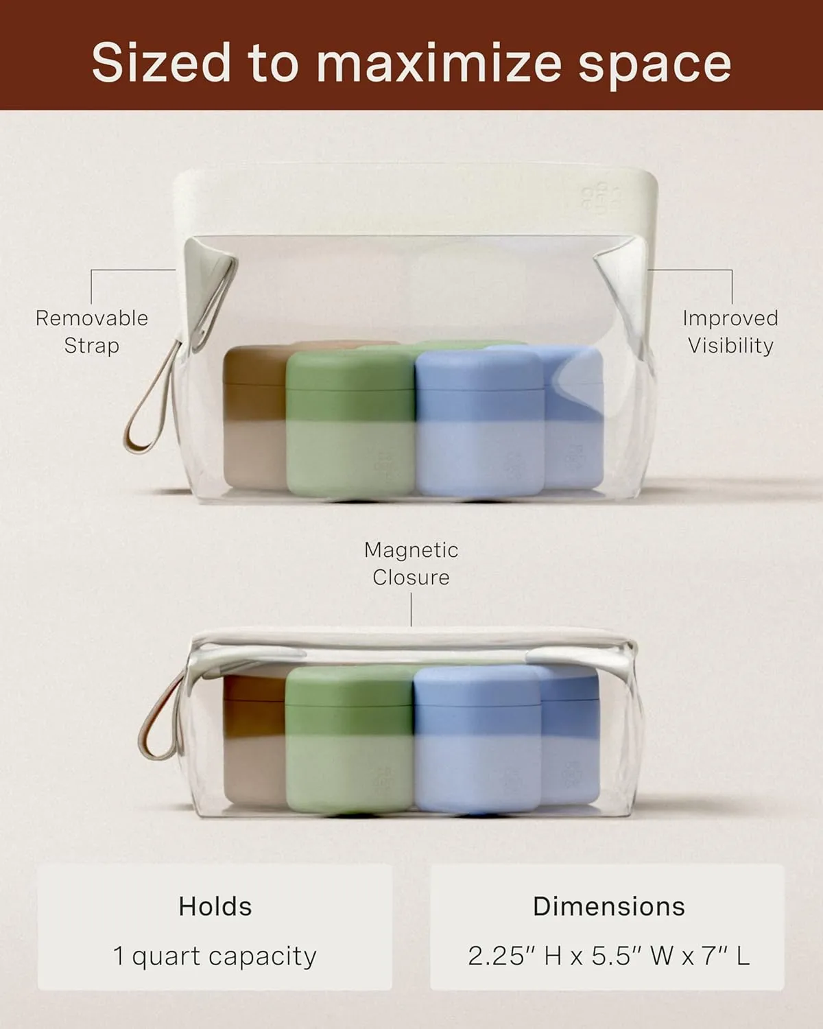 Cadence Parcel - Clear Dopp Kit with Magnetic Closure - Durable and Leak-Resistant Travel Toiletry Kit - TSA-Compliant & Modular Design - Small Hygiene Bag for Travel Essentials - 1 Qt - Rose
