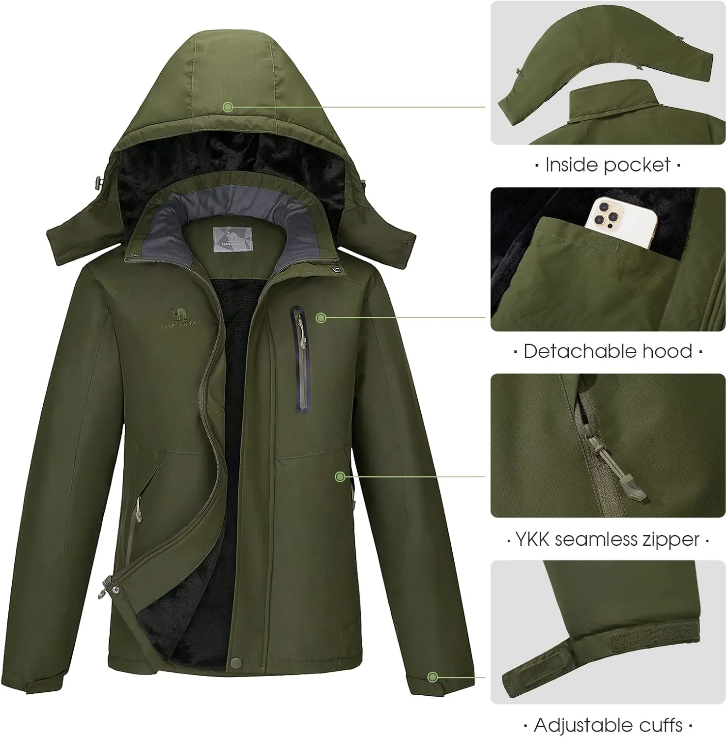 CAMEL CROWN Men's Mountain Waterproof Ski Jackets Warm Winter Snow Coat with Detachable Hood Windproof Rain Jacket