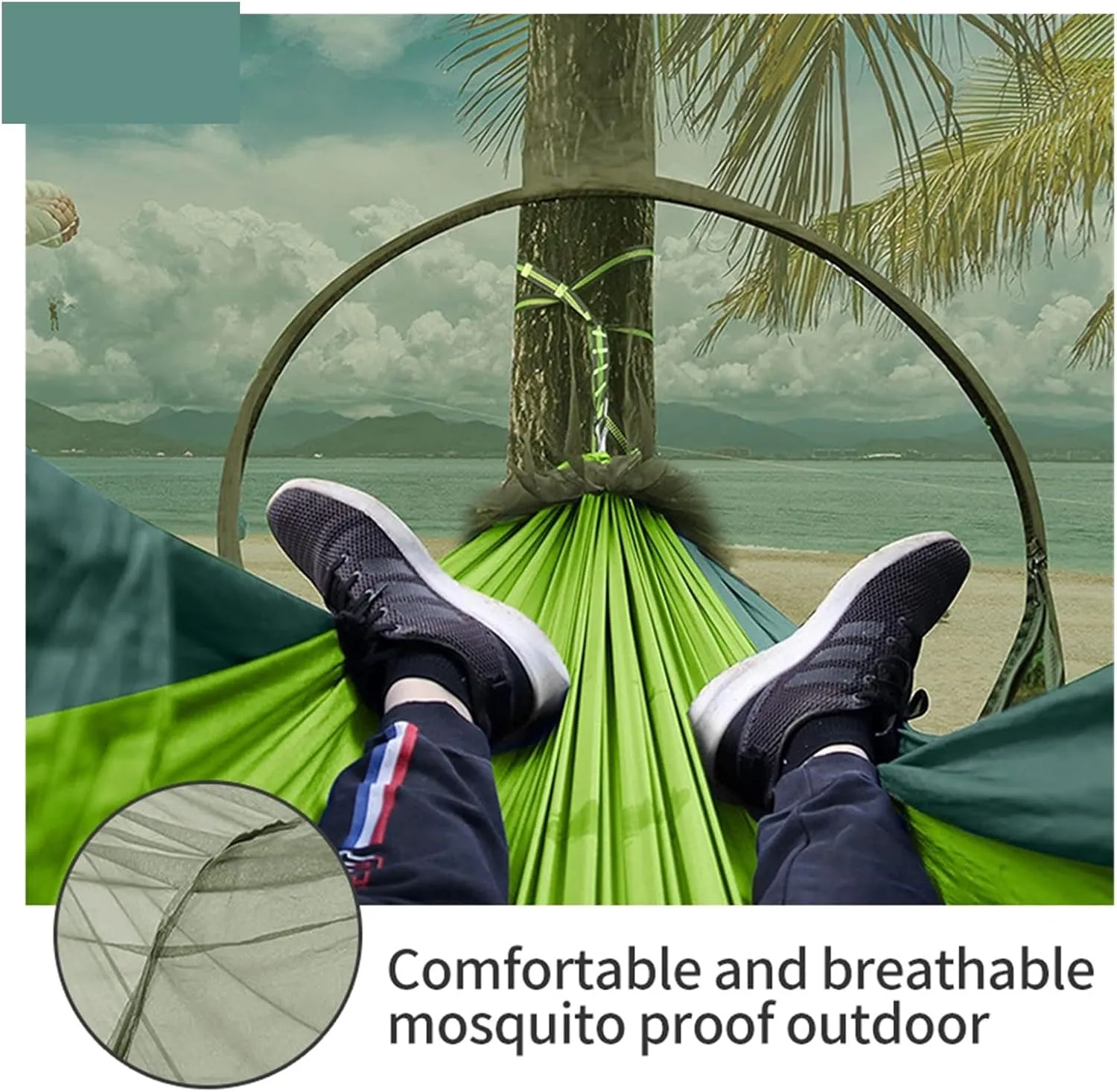 Camp Quick Open Camping Hammock with Mosquito Net Lightweight Portable Parachute Nylon Double Hammock Backpacking Survival Travel Strong, Mgreen