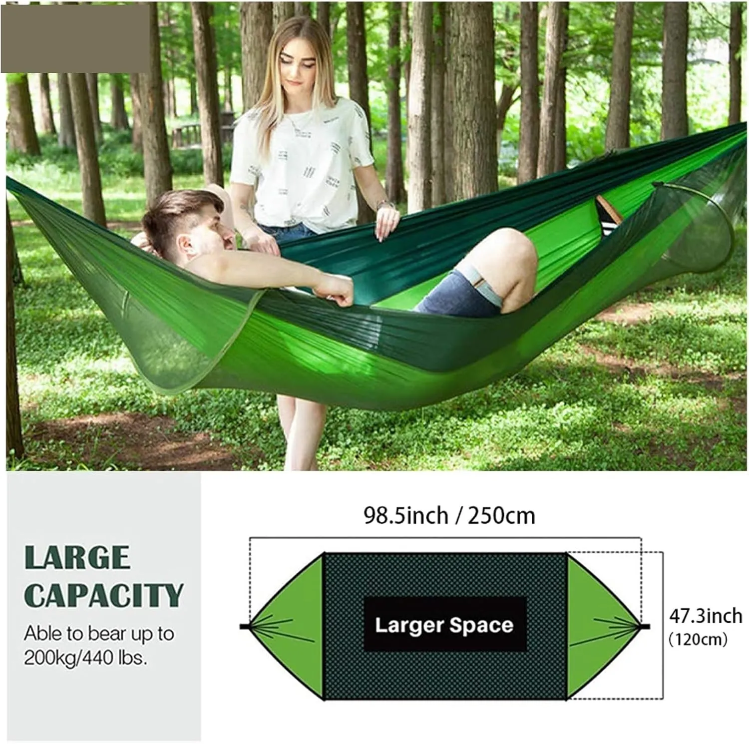 Camp Quick Open Camping Hammock with Mosquito Net Lightweight Portable Parachute Nylon Double Hammock Backpacking Survival Travel Strong, Mgreen