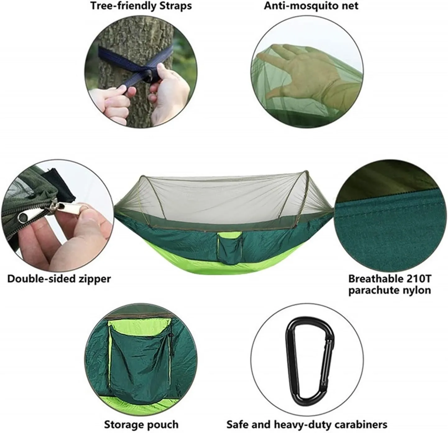 Camp Quick Open Camping Hammock with Mosquito Net Lightweight Portable Parachute Nylon Double Hammock Backpacking Survival Travel Strong, Mgreen